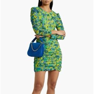 GANNI ruched printed stretch-mesh mini dress